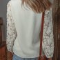 White Scalloped V Neckline Lace Hollowed Lantern Sleeve Blouse
