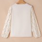 White Scalloped V Neckline Lace Hollowed Lantern Sleeve Blouse
