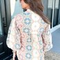 Khaki Geometric Print Tassel Tie Split Neck Balloon Sleeve Blouse