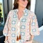 Khaki Geometric Print Tassel Tie Split Neck Balloon Sleeve Blouse