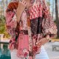 Red Boho Geometric Mixed Print Patchwork Bubble Sleeve Shirt