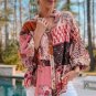 Red Boho Geometric Mixed Print Patchwork Bubble Sleeve Shirt