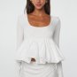 White U Neck Long Sleeve Bubble Hem Top