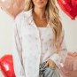 White Love Heart Print Drop Shoulder Puff Sleeve Shirt