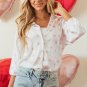 White Love Heart Print Drop Shoulder Puff Sleeve Shirt