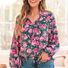 Green Floral Printed Tied Collar Puff Sleeve Blouse
