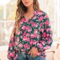 Green Floral Printed Tied Collar Puff Sleeve Blouse