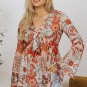 Orange Floral Print Deep V Neck Knot Bell Sleeve Blouse