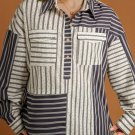 Black Stripe 2-tone Patchwork Half Buttons Chest Pockets Casual Blouse