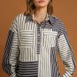 Black Stripe 2-tone Patchwork Half Buttons Chest Pockets Casual Blouse