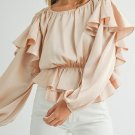 Oatmeal Lace Up Keyhole Back Ruffled Peplum Blouse