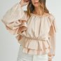 Oatmeal Lace Up Keyhole Back Ruffled Peplum Blouse