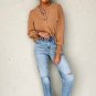Straw Yellow Solid Color Shirred Cuff Notch V Neck Blouse