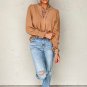 Straw Yellow Solid Color Shirred Cuff Notch V Neck Blouse