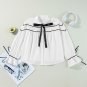 White Black Pipping Ribbon Bowtie Collared Ruffled Puff Sleeve Shirt
