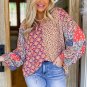 Orange Mixed Floral Printed Long Sleeve Tied V Neck Blouse