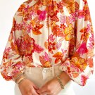 Orange Floral Print Pearl Button Keyhole Long Puff Sleeve Blouse