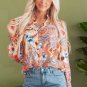 Orange Floral Print Shirred Cuff Buttoned Loose Shirt