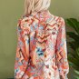 Orange Floral Print Shirred Cuff Buttoned Loose Shirt