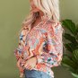 Orange Floral Print Shirred Cuff Buttoned Loose Shirt