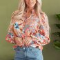 Orange Floral Print Shirred Cuff Buttoned Loose Shirt