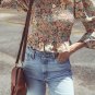 Yellow Floral Print Smocked Bubble Sleeve Ruffled Crop Top