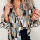 Green Geometric Print Buttoned Balloon Sleeve Loose Fit Shirt