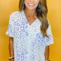 Sky Blue Mixed Leopard Print V Neck Short Sleeve Blouse