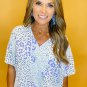 Sky Blue Mixed Leopard Print V Neck Short Sleeve Blouse