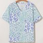 Sky Blue Mixed Leopard Print V Neck Short Sleeve Blouse