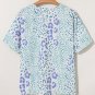 Sky Blue Mixed Leopard Print V Neck Short Sleeve Blouse