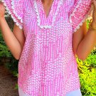 Pink Abstract Print Ric Rac Trim Flutter Sleeve Notch V Neck Blouse