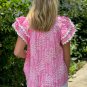 Pink Abstract Print Ric Rac Trim Flutter Sleeve Notch V Neck Blouse