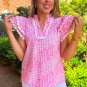 Pink Abstract Print Ric Rac Trim Flutter Sleeve Notch V Neck Blouse