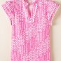 Pink Abstract Print Ric Rac Trim Flutter Sleeve Notch V Neck Blouse