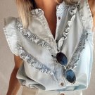 Beau Blue Mineral Wash Cap Sleeve Frilled Button Up Denim Shirt