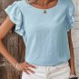 Mist Blue Solid Color Ruffled Short Sleeve Casual Blouse