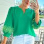 Green Contrast Floral Embroidered V Neck Elegant Blouse