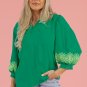 Green Contrast Floral Embroidered V Neck Elegant Blouse