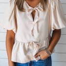 White Bow Tie Short Puff Sleeve Ruffle Hem Blouse
