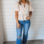 White Bow Tie Short Puff Sleeve Ruffle Hem Blouse