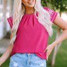 Sachet Pink Floral Embroidered Flutter Sleeve Pleated Neck Blouse
