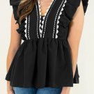Black Contrast Ricrac Trim Ruffled V Neck Peplum Top