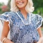 Sky Blue Abstract Print Ric Rac Trim Flutter Sleeve Notch V Neck Blouse
