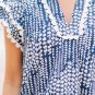 Sky Blue Abstract Print Ric Rac Trim Flutter Sleeve Notch V Neck Blouse