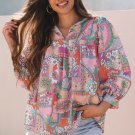 Multicolour Boho Floral Bubble Sleeve Tassel Tied Neck Pleated Blouse