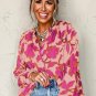 Pink Floral Print Batwing Sleeve Buttoned Loose Fit Shirt
