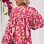 Pink Floral Print Batwing Sleeve Buttoned Loose Fit Shirt