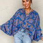 Blue Floral Print Batwing Sleeve Buttoned Loose Fit Shirt
