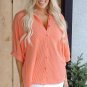 Grapefruit Orange Corded Half Sleeve Button Up High Low Hem Loose Shirt